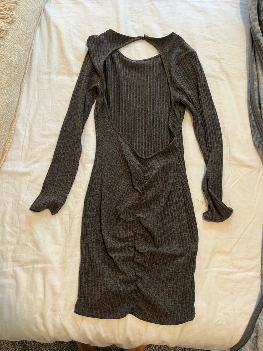 NUDE Ribbed Long Sleeve Open-Back Dress in Charcoal